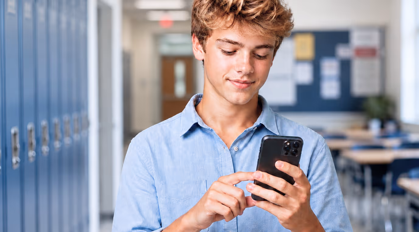 Mladý muž v modré košili se usmívá a používá smartphone na chodbě školy.