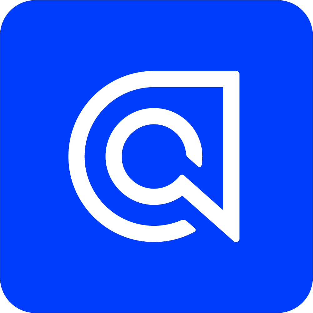 White stylized lowercase letter 'a' inside a rounded blue square background.