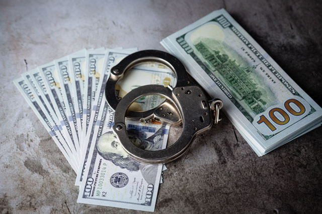 handcuffs sitting on a stack of cash
