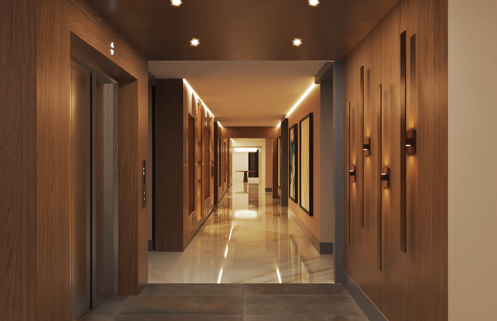 Luxurious residential hallway with wood paneling, marble-look floors, recessed lighting, and elevator access at The Astrie in Tucson, AZ.