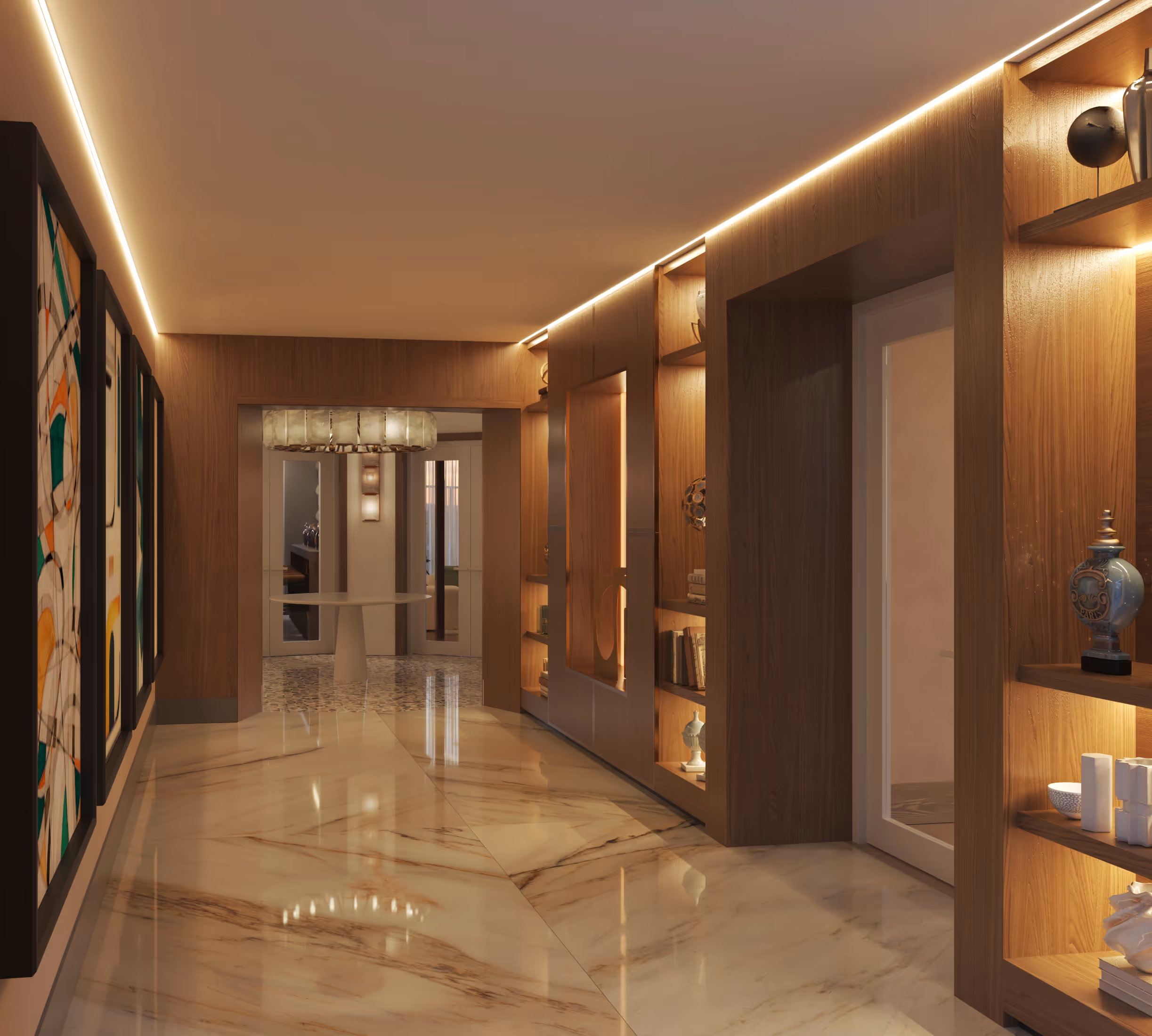 Luxurious residential hallway with wood paneling, built-in shelving, marble-look floors, and ambient lighting at The Astrie in Tucson, AZ.
