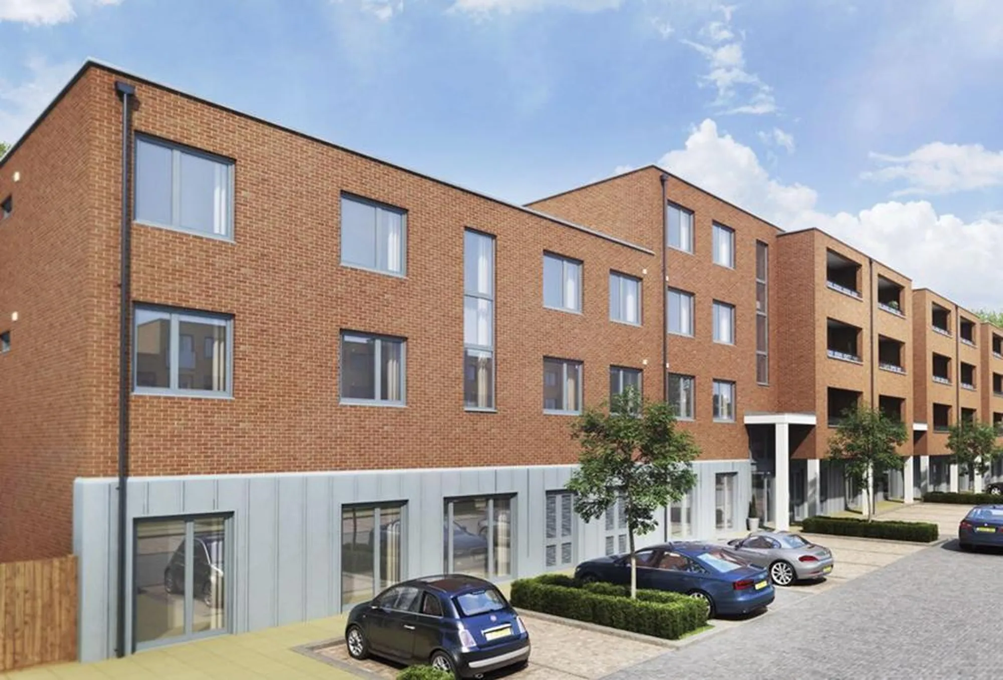 Barratts ColArt, London: visualisation of brick apartment blocks and parking within the scheme