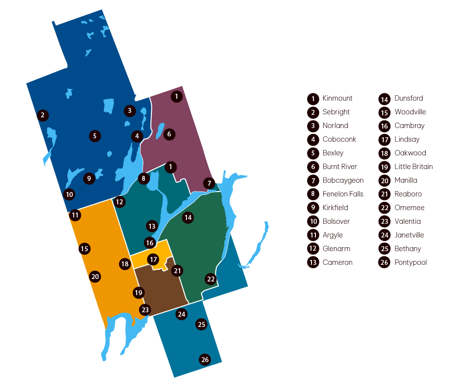 Map showing 8 wards of Kawartha Lakes