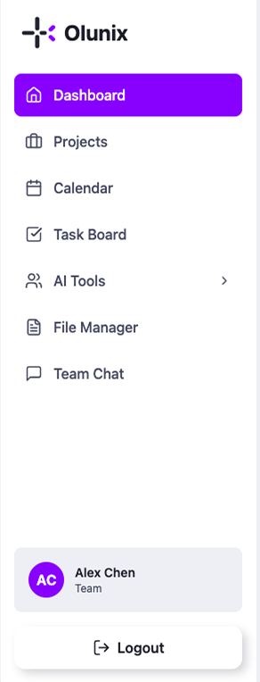 Olunix app dashboard menu interface showing navigation for campaigns, analytics, social media management, and website tools.