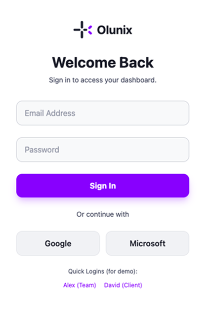 Olunix app login screen with secure email and password entry fields for startups accessing their growth dashboard.