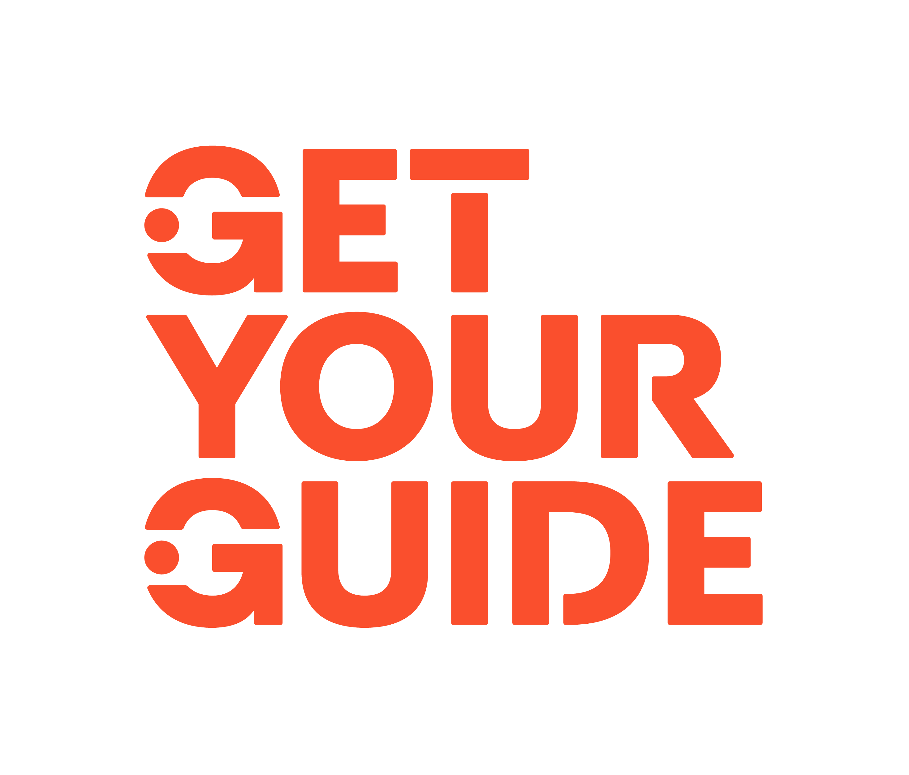 The words GET YOUR GUIDE stacked in bold uppercase letters in bright orange on a black background.