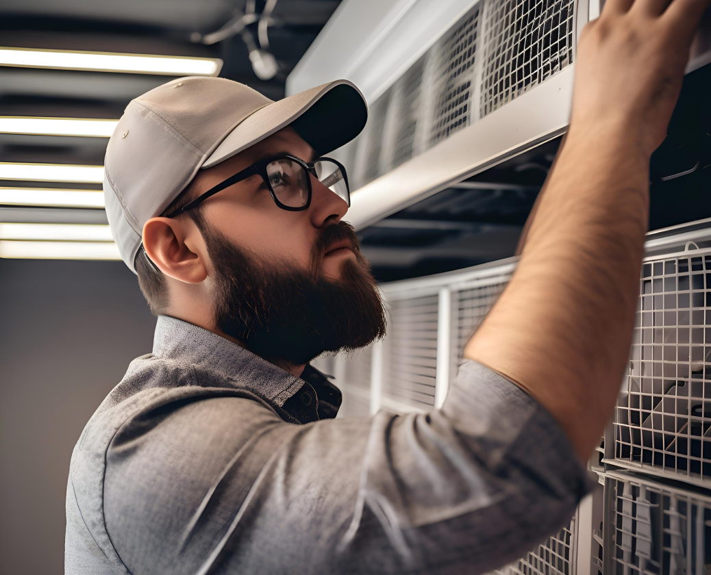 Bearded technician wearing glasses and a cap inspecting or repairing an HVAC unit.