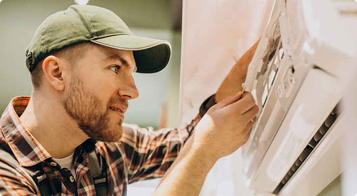 Man in a green cap and plaid shirt adjusting settings on a wall-mounted HVAC unit.