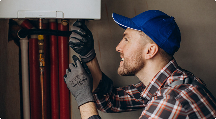 Man in blue cap and plaid shirt adjusting plumbing pipes while wearing gray gloves.