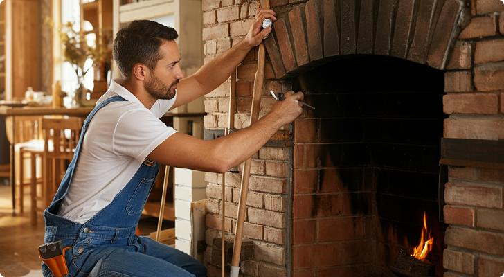 Man in overalls lighting a fire in a brick fireplace with a matchstick.
