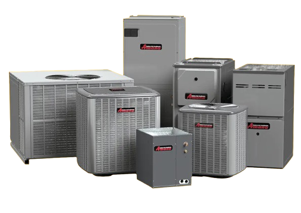 A group of seven gray Amana HVAC units of various sizes arranged together against a transparent background.