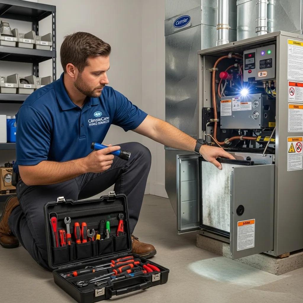 Technician performing maintenance on a furnace for optimal performance