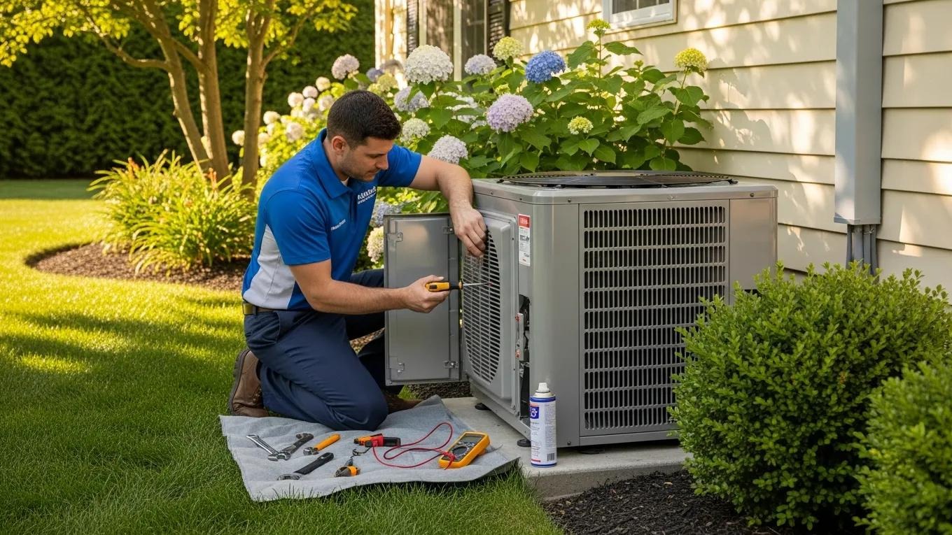 Technician performing seasonal air conditioner maintenance in a residential garden