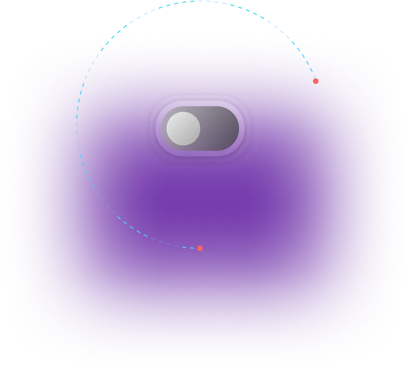 Illustration d'un interrupteur à bascule activé sur fond violet avec deux points rouges reliés par une ligne pointillée bleue en arc de cercle.