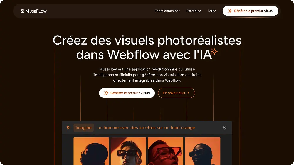 Page d'accueil MuseFlow avec texte en français et images d'hommes portant des lunettes sur fond orange.