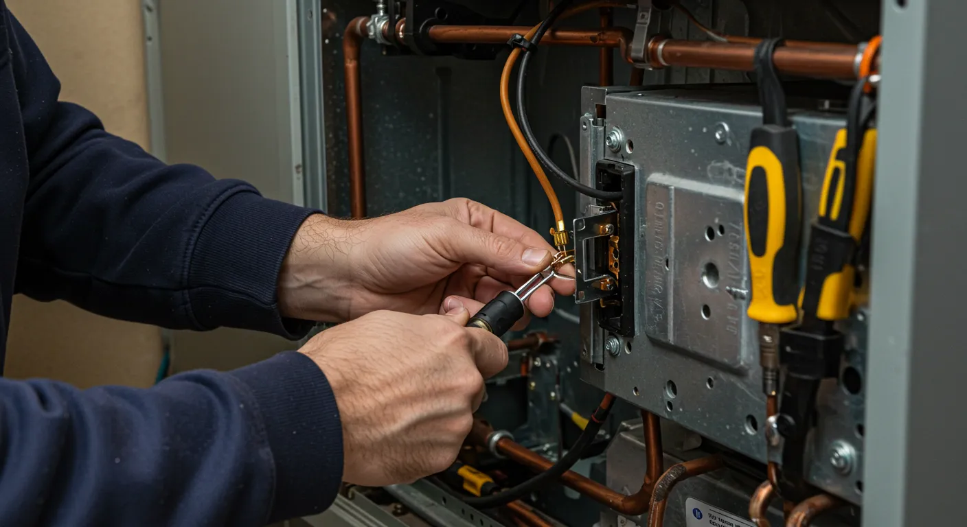 A close-up of a technician's hands carefully adjusting wiring with a small screwdriver inside a furnace.