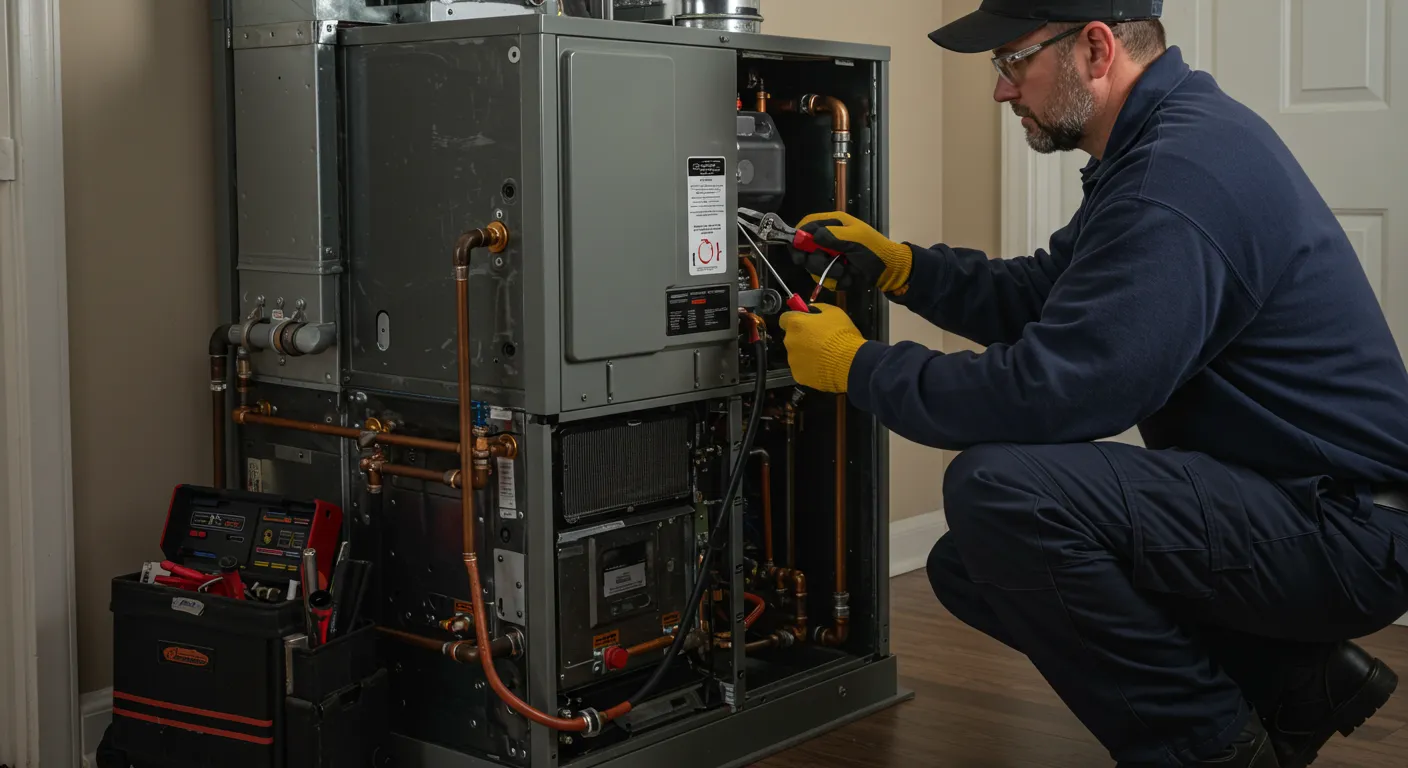 A technician wearing a hat and glasses kneels, using pliers to work on the internal wiring and components of a furnace.