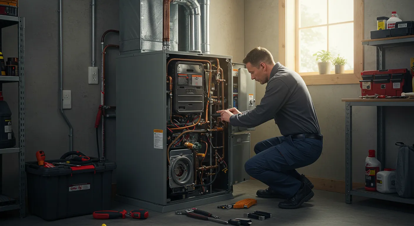 A technician in a grey shirt and blue pants kneels on the floor, using a screwdriver to adjust a component inside an open furnace.