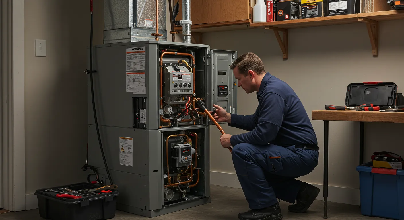 A technician in a blue long-sleeve shirt kneels, using a tool to work on the internal components of a furnace in a garage setting.