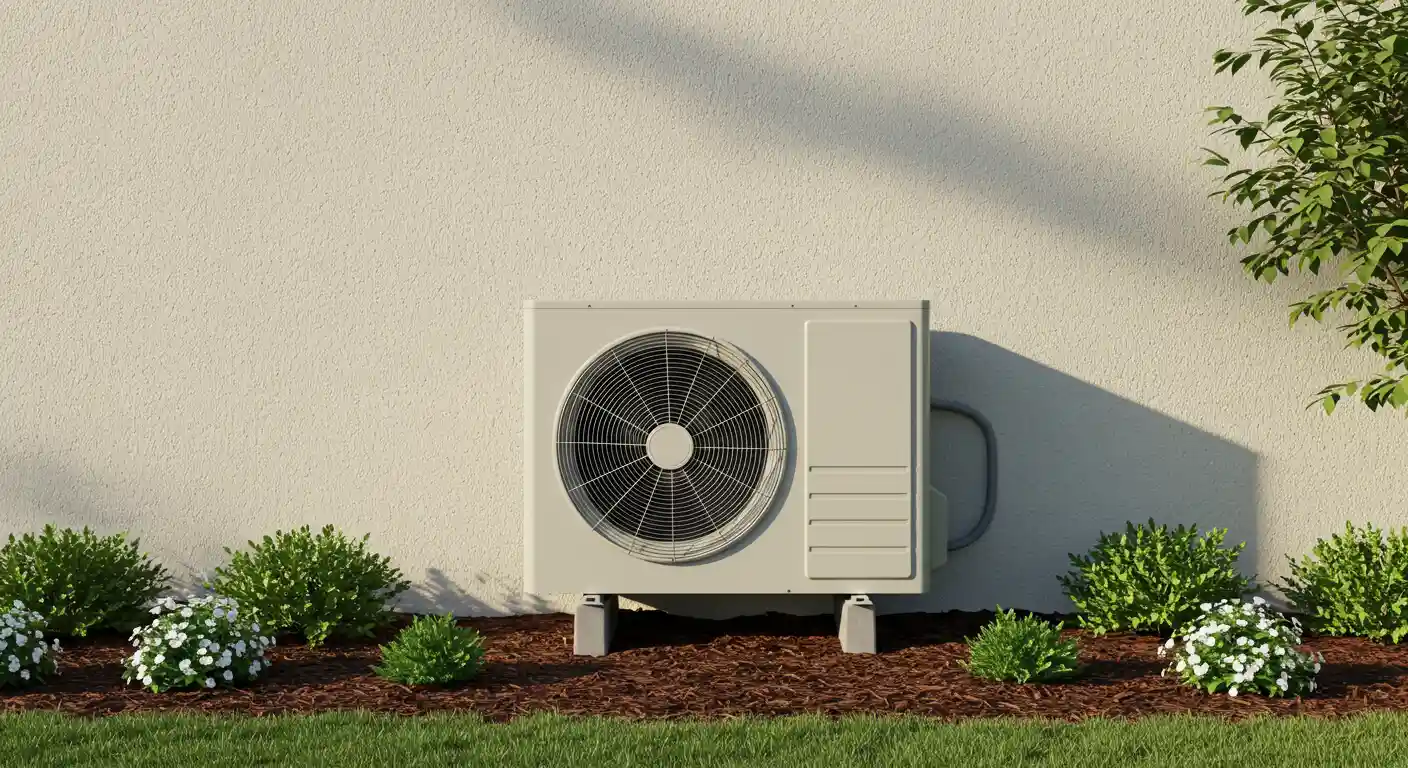 An outdoor air conditioning unit on a bed of mulch with small flowering bushes and a plain wall.