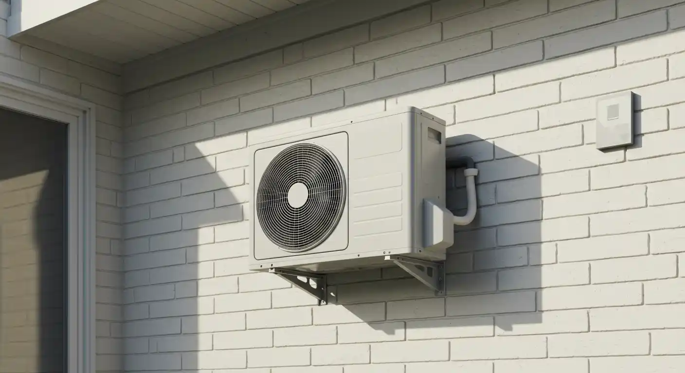 An outdoor mini-split unit with a large fan, mounted on the side of a white brick building.