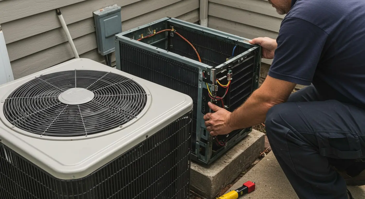 HVAC technician repairing outdoor condenser unit.