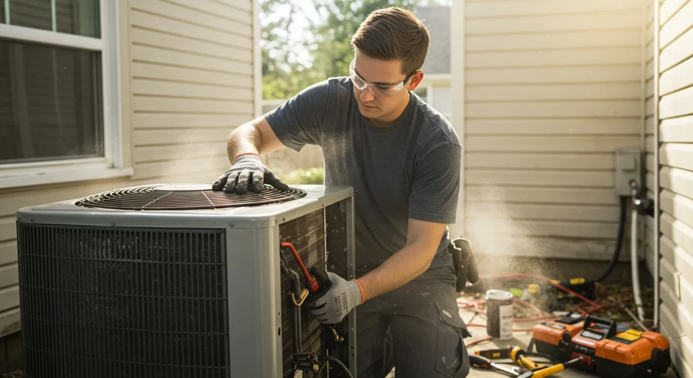 Technician services outdoor air conditioning unit.