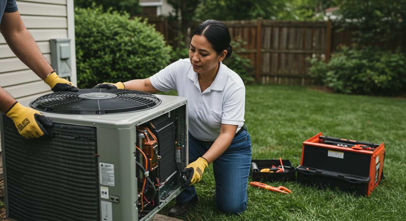Technicians inspect residential air conditioning unit.