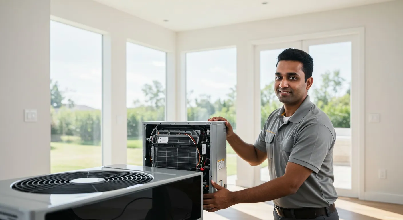 Technician stands by open HVAC unit.