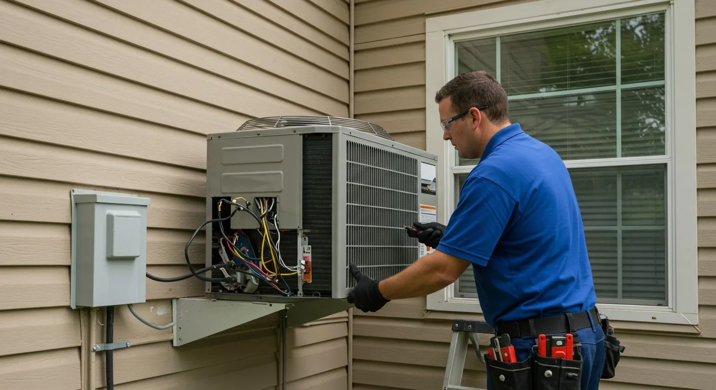 Technician installing wall-mounted outdoor AC unit.
