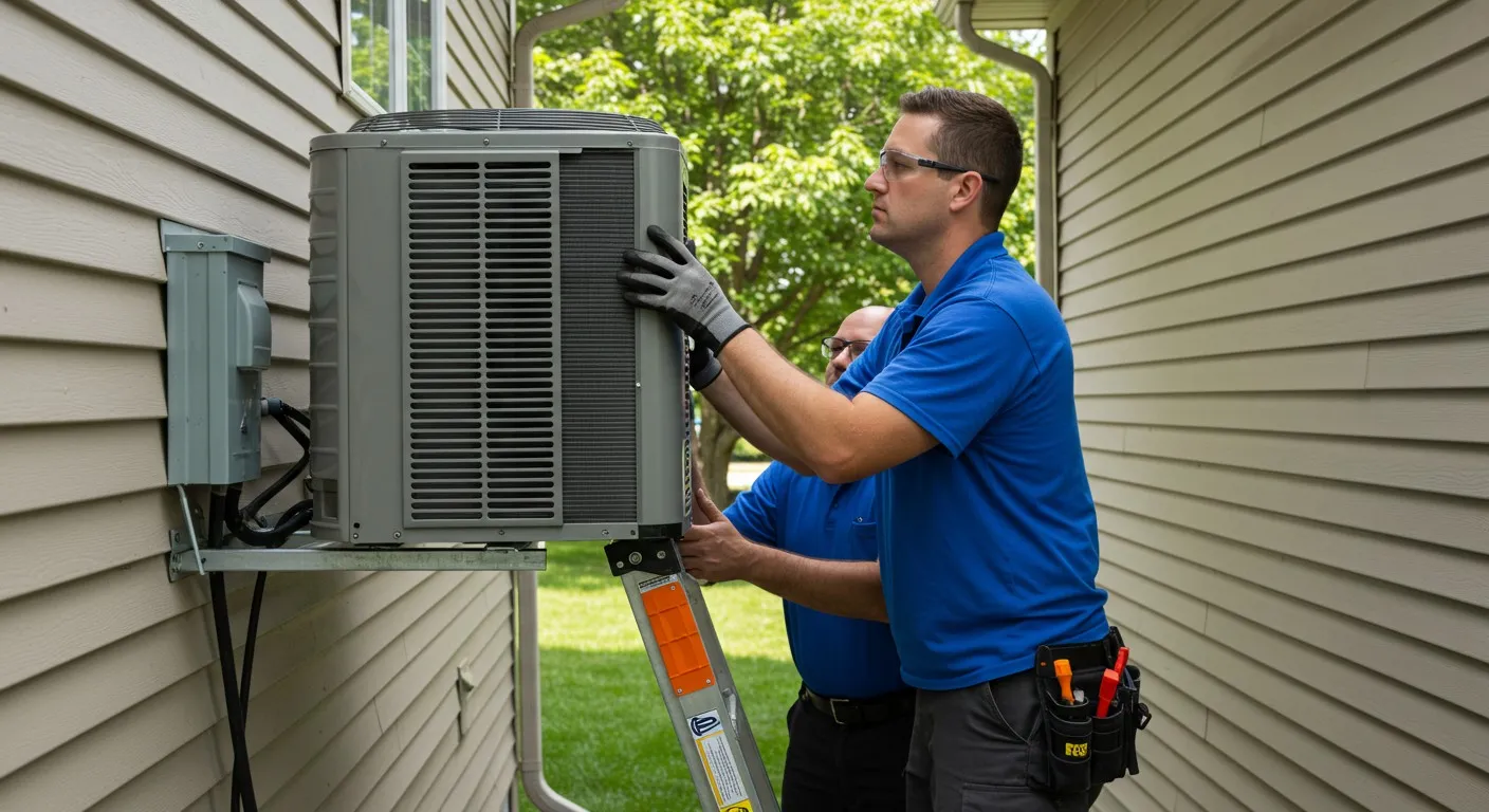 Two technicians mounting outdoor HVAC unit.