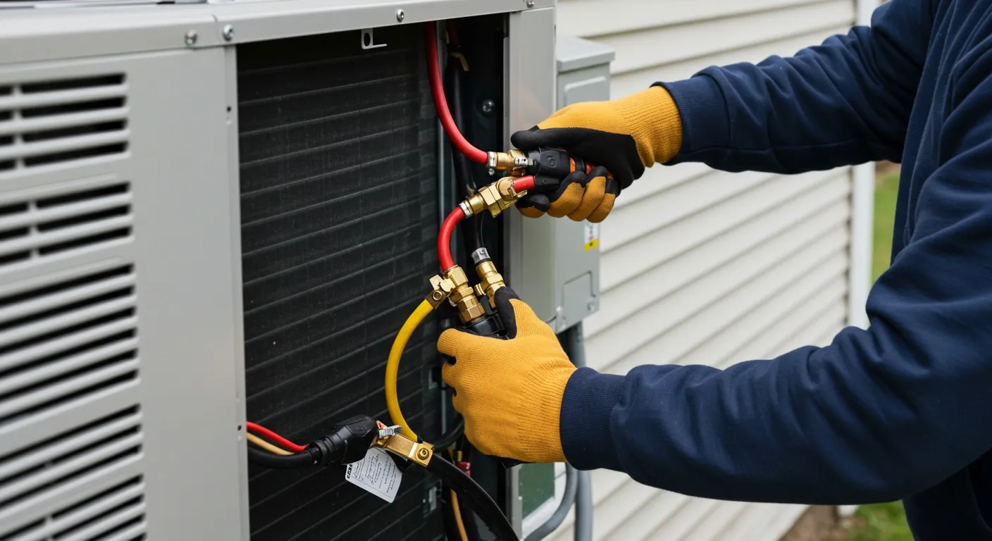 Technician installing wall-mounted outdoor AC unit.