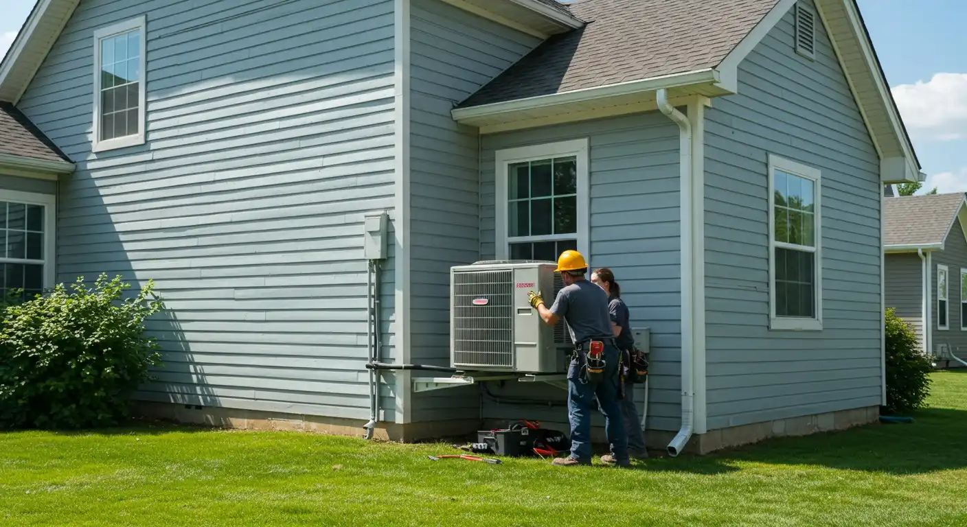Technician installing wall-mounted outdoor AC unit.