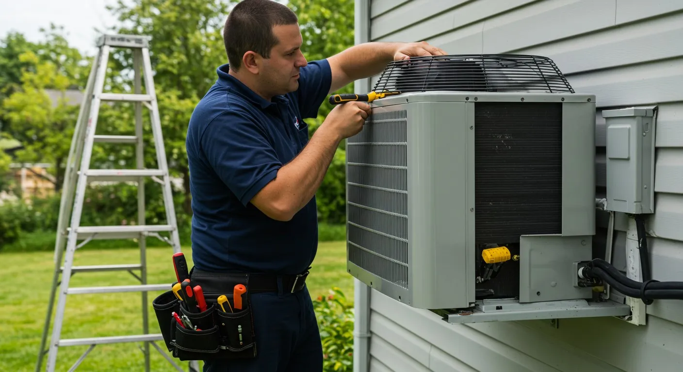 Technician installing wall-mounted outdoor AC unit.