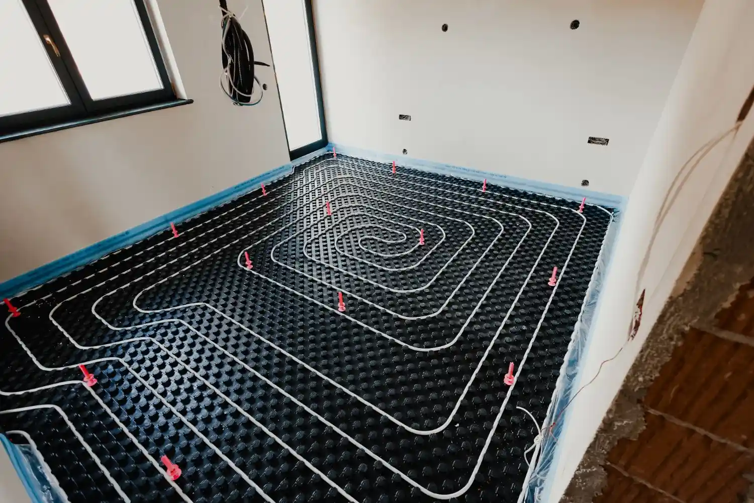 Installation of a white hydronic underfloor heating pipe system laid in a spiral pattern over a black studded insulation mat.