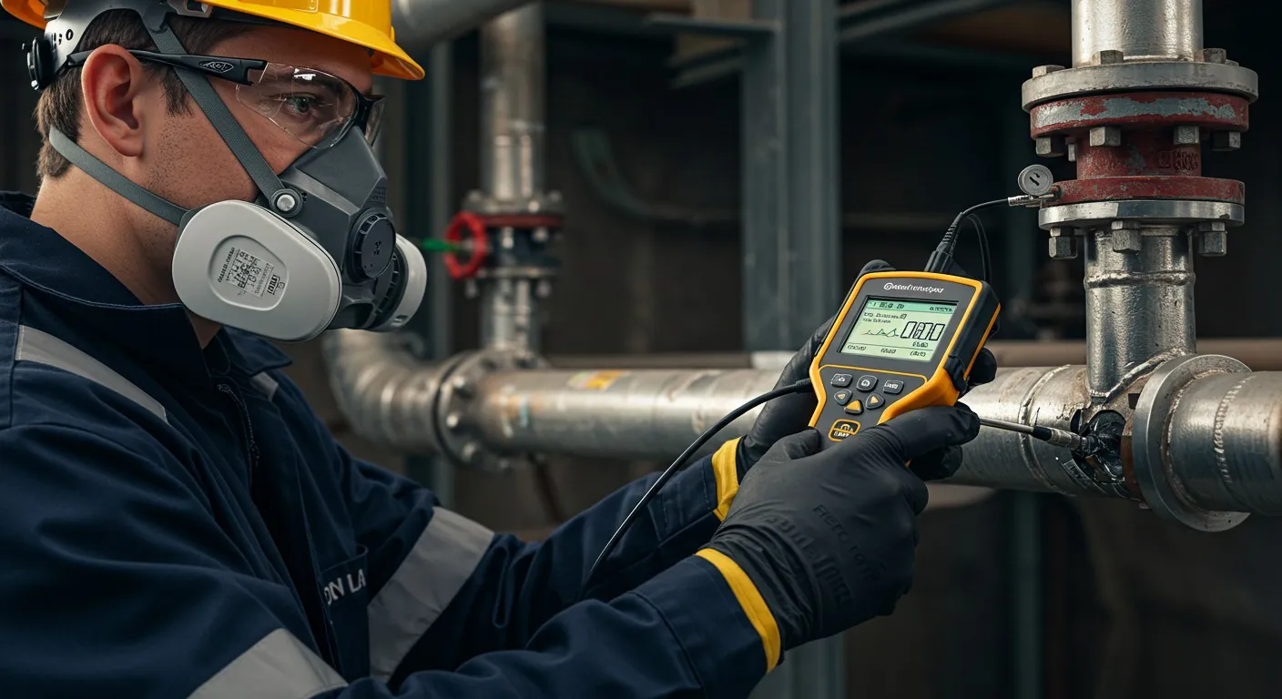 Worker testing pipe with handheld monitor.