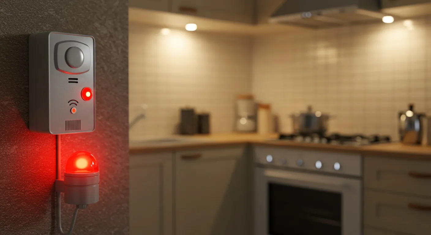 Gas alarm with flashing red light.