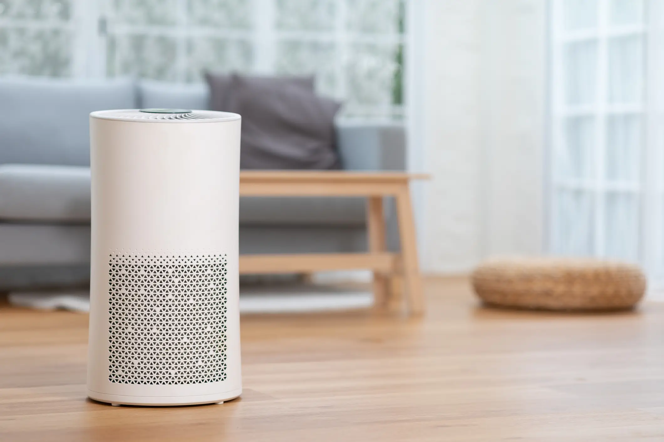 A sleek, white cylindrical air purifier stands on a wooden floor in a modern living room. The background is softly blurred, showing a gray sofa, a light wood coffee table, and large windows.