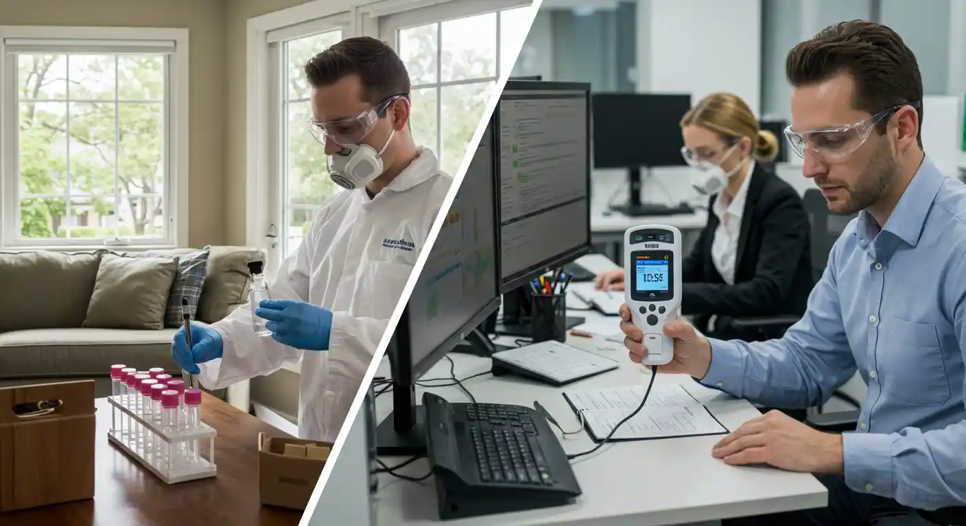 A split-screen image shows a technician in a lab coat collecting samples in a home on the left, and a professional in an office using a handheld air quality monitor on the right.