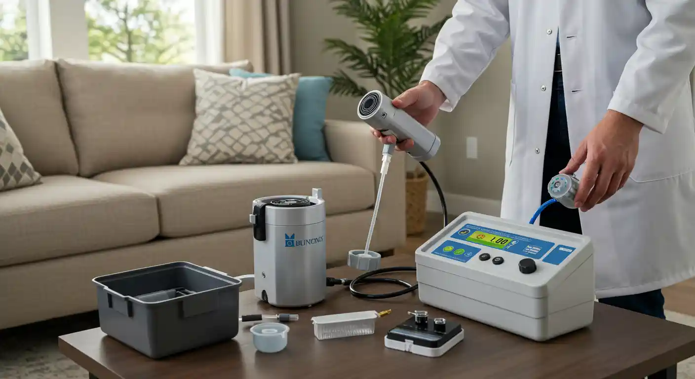 A technician in a white lab coat uses professional indoor air quality testing equipment on a coffee table in a living room. The set includes digital monitors, sensors, and sampling tools for residential diagnostic services.
