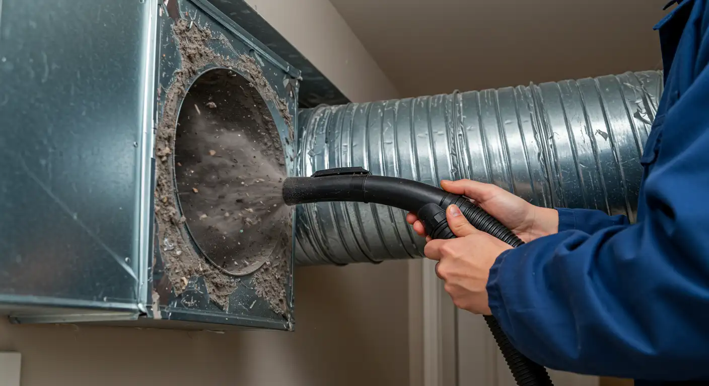 A service technician in a blue uniform uses a high-powered vacuum hose to extract a thick layer of dust and debris from the circular opening of a metal HVAC trunk line during a cleaning.