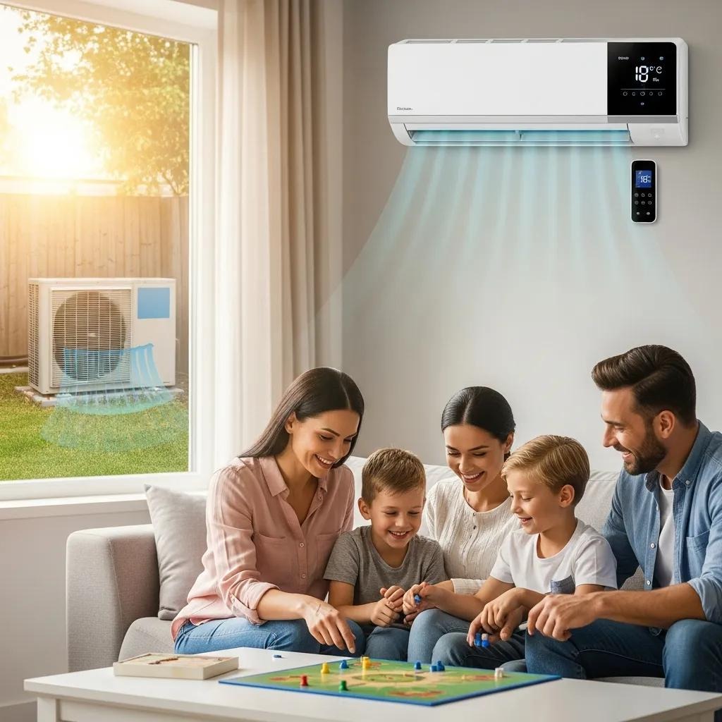 Family enjoying a comfortable living space with an energy-efficient AC unit