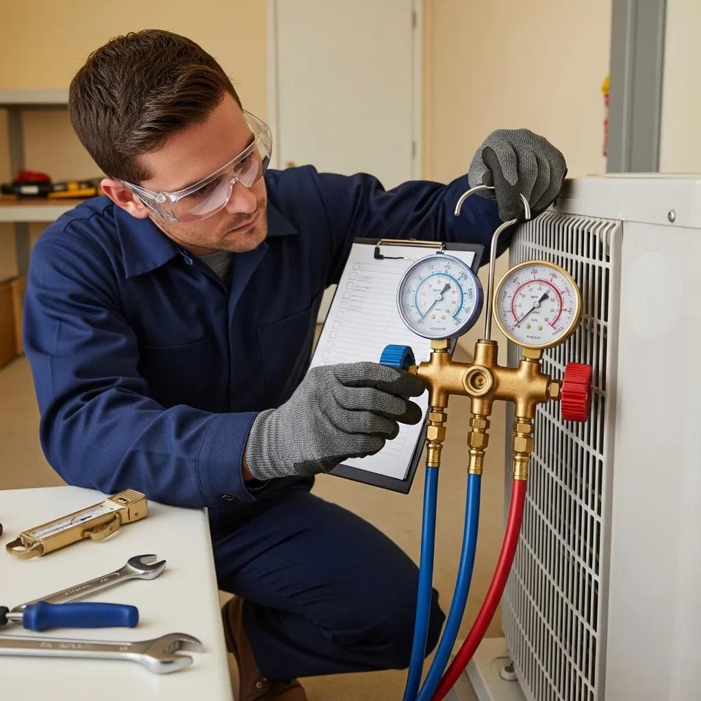 Technician measuring refrigerant levels in an air conditioning system