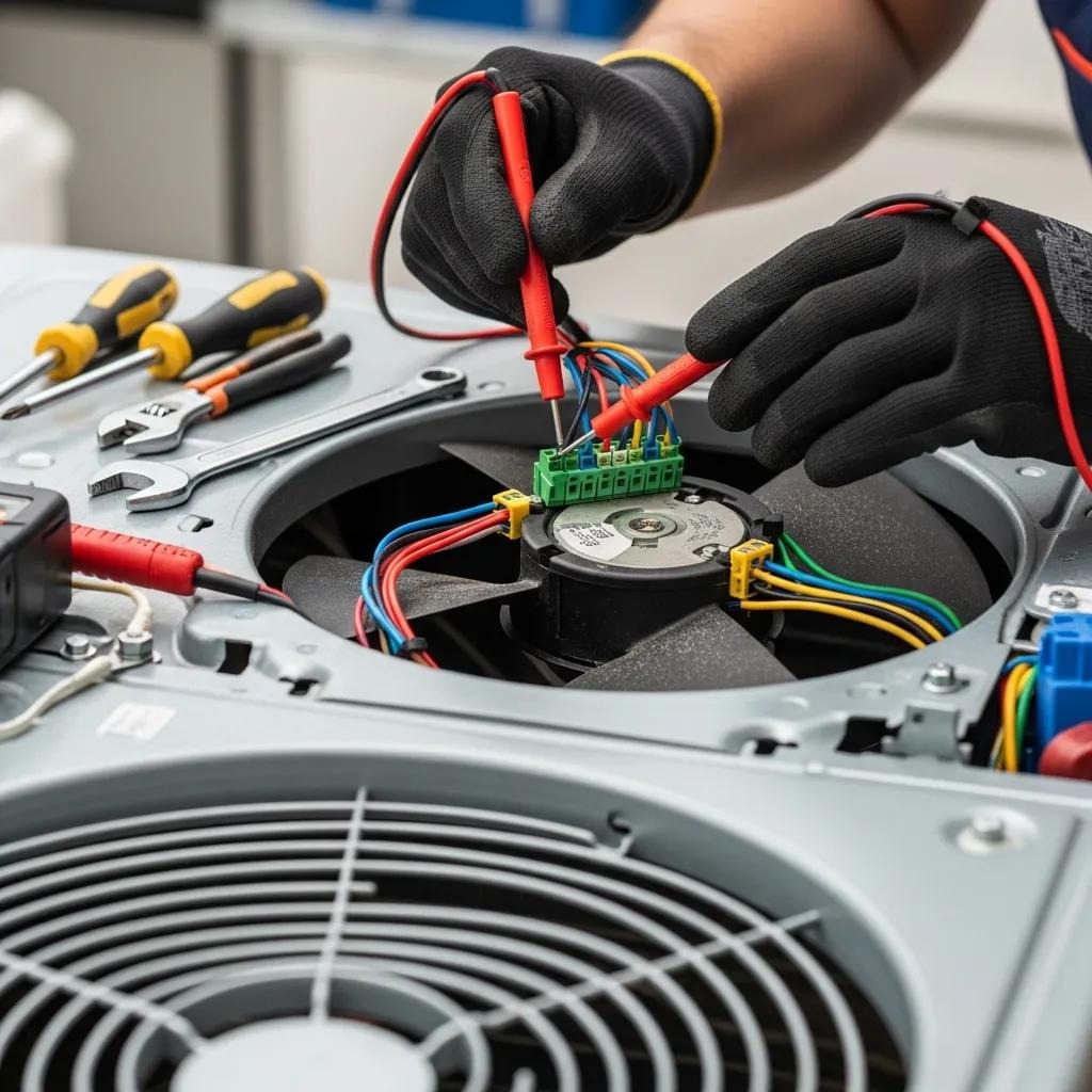 Technician inspecting electrical connections and fan blades of an air conditioning unit