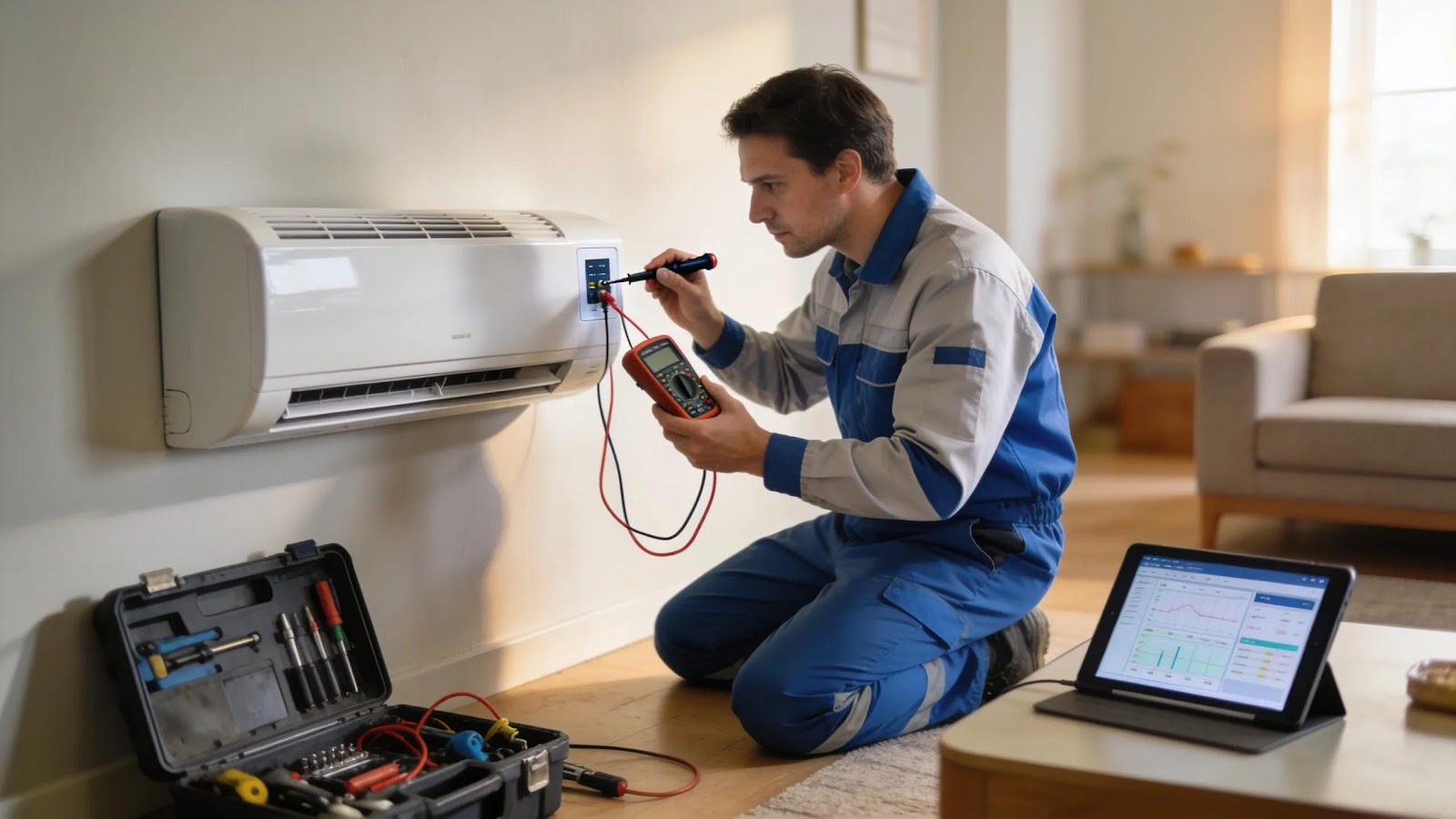Technician troubleshooting common issues in a mini-split system