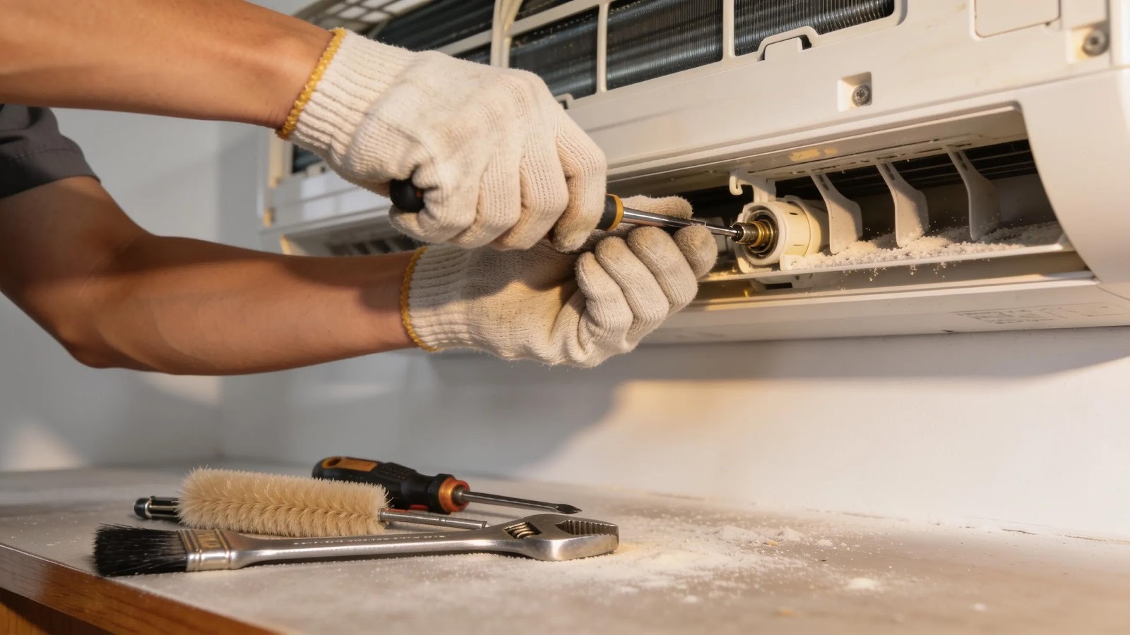 Homeowner performing maintenance on mini-split air conditioning unit
