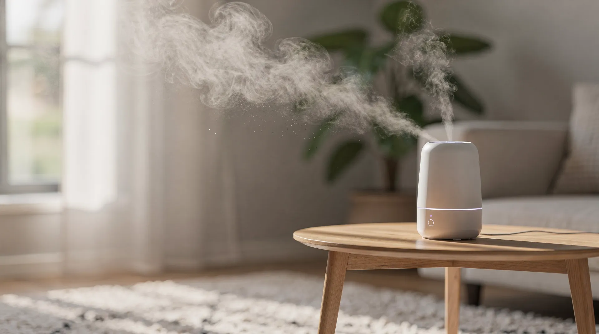 A humidifier releases water vapor into the air to increase moisture levels in a room