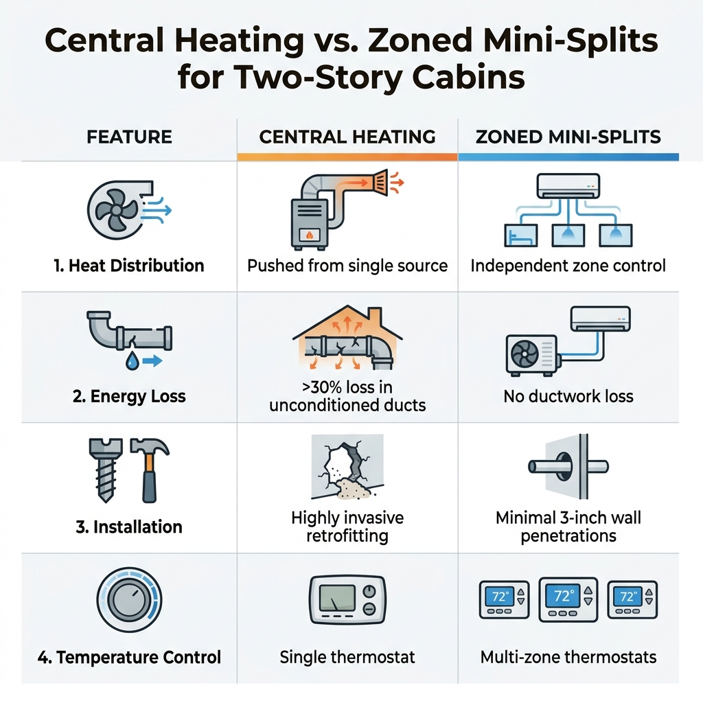 Central Heating vs. Zoned Mini-Splits for Two-Story Cabins