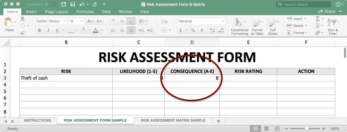 Excel risk assessment form showing consequence rating of 'B' is entered in the Consequence (A-E) column, indicating a moderate level of impact according to the A-E scale.