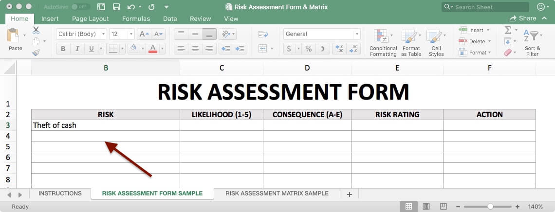 Excel spreadsheet showing a risk assessment form template with columns for Risk, Likelihood (1-5), Consequence (A-E), Risk Rating, and Action